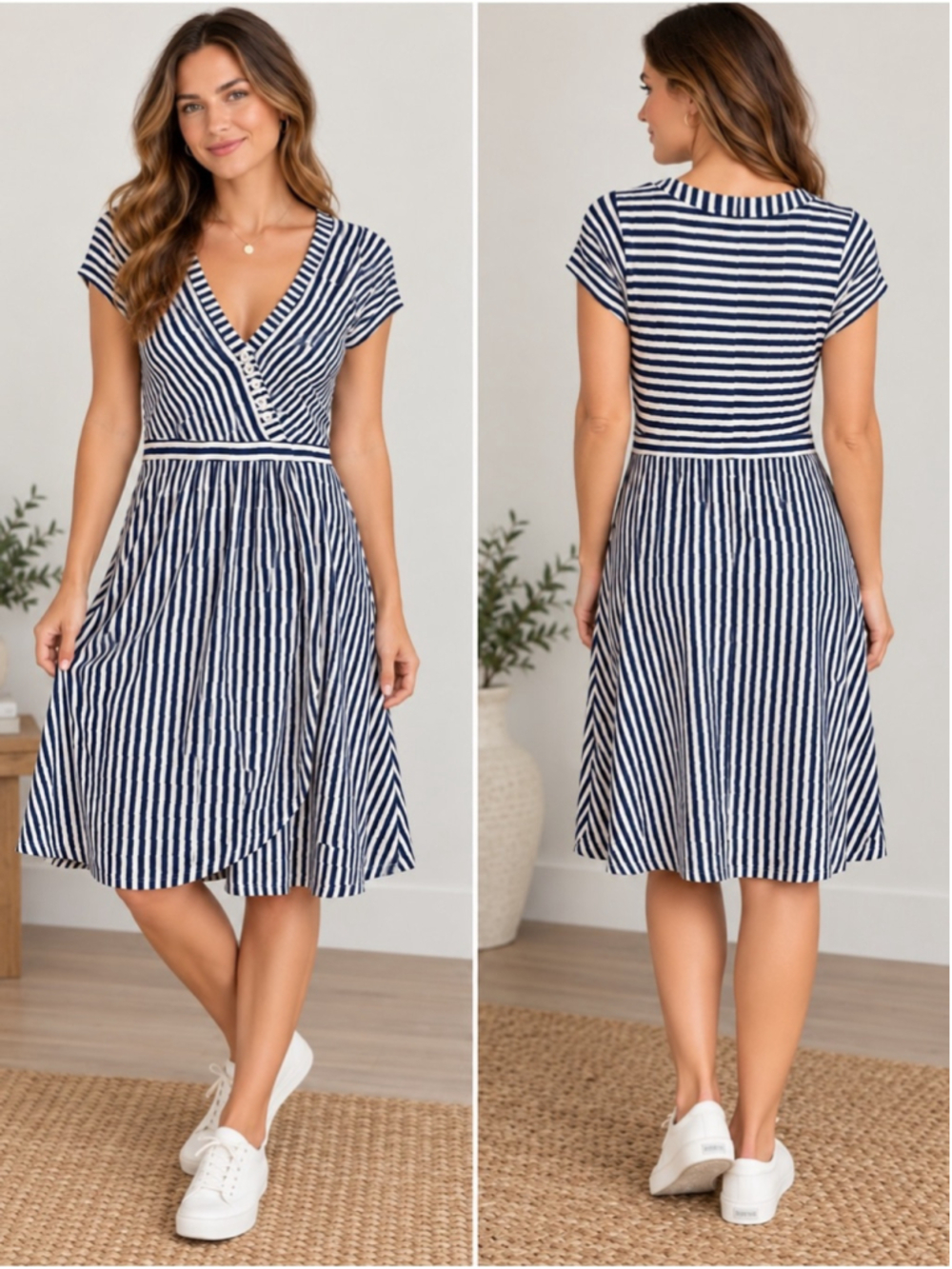 Anthropologie Navy and White Striped V-Neck Wrap Midi Dress Size S Travel